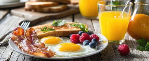 Breakfast with eggs, bacon, fruit and orange juice photo