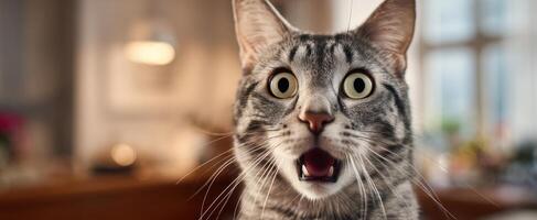 The surprised expression of a curious cat in a cozy home environment. photo