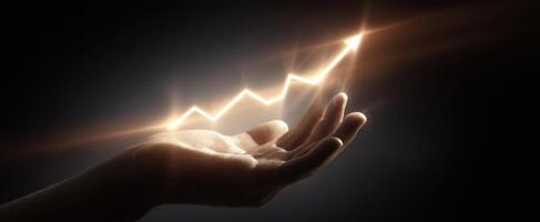 The hand illustrating growth with a glowing upward trend in a dark background. photo