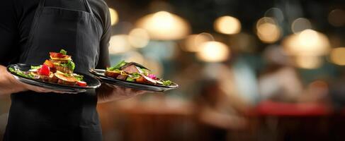 The waiter serves delicious gourmet meals in a vibrant restaurant setting. photo
