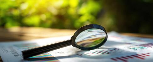 The magnifying glass resting on a document with colorful graphs and natural light. photo