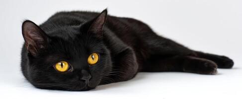 The sleek black cat with striking golden eyes resting gracefully on a white surface. photo
