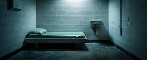 The stark prison cell featuring a minimalist bed and sink for solitary confinement. photo