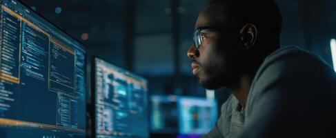 The focused man working on advanced technology at night with multiple monitors. photo