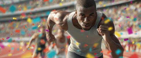 The athlete sprints towards victory amidst colorful confetti and cheering crowds. photo
