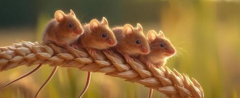 The adorable group of mice resting on a golden wheat stalk. photo