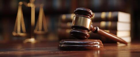 The gavel symbolizing justice in a courtroom setting with law books. photo