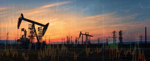 The oil drilling rigs against a vibrant sunset with economic graphs overlay. photo