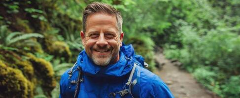 The joyful man exploring a tranquil forest trail on a sunny day. photo