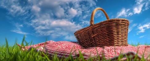 The wicker picnic basket resting on a cozy blanket under a clear blue sky. photo