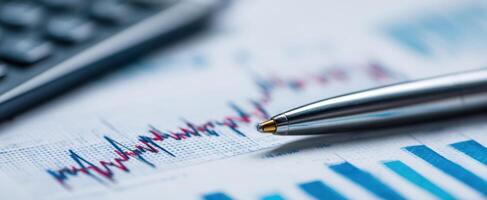 The pen lying on a financial report with graphs and data analysis. photo