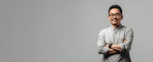 The confident man in a casual outfit smiling against a gray background. photo