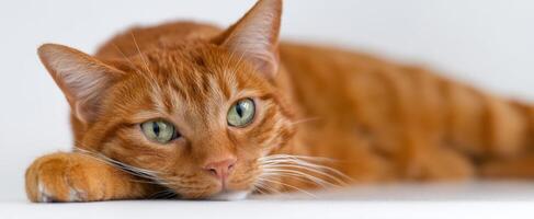 The adorable ginger cat resting peacefully on a white surface. photo