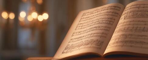 The elegant music sheet resting on a wooden surface with soft lighting. photo