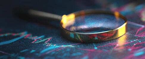 The magnifying glass revealing intricate details of financial analytics and data trends. photo