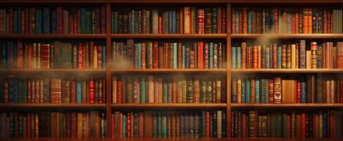 The charming library filled with colorful antique books on wooden shelves photo