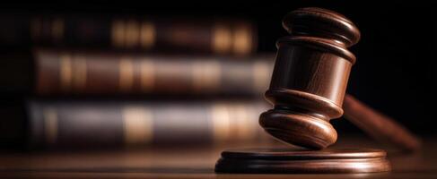 The gavel resting prominently on a desk among legal books and documents. photo