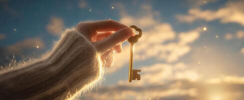 The hand holds a key against a magical sunset sky. photo