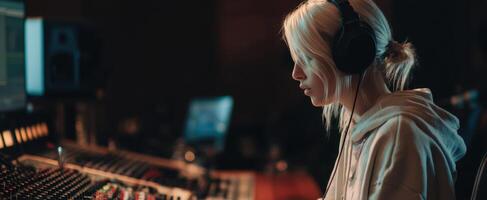 The focused artist in a modern music recording studio setting. photo