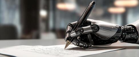 The robotic hand writing on a document in a modern office setting. photo