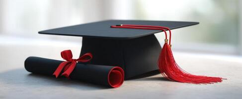 Graduation cap and diploma on a table photo