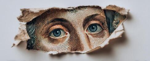 The eyes of a currency peeking through a torn paper background. photo