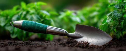 The shovel resting on fresh soil amidst thriving green plants in a garden. photo