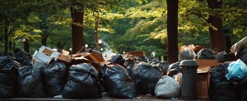 The overflowing garbage bags cluttering the serene city park setting. photo