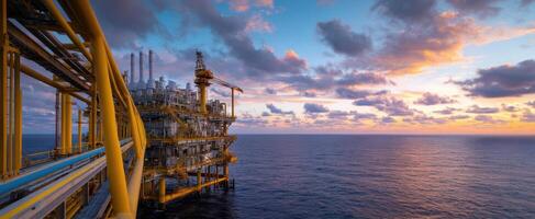 The offshore oil platform during a stunning sunset over the ocean. photo