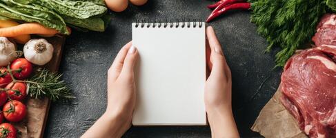 The Hands Holding a Blank Notepad Surrounded by Fresh Ingredients for Cooking photo