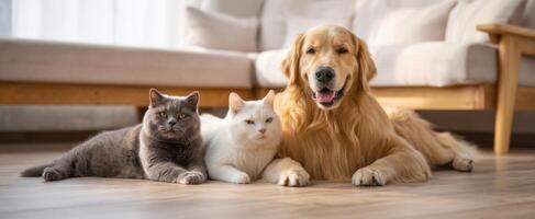 The golden retriever and cuddly cats enjoying a cozy moment together. photo