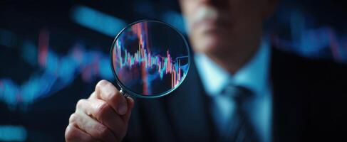 The business professional analyzing stock market trends through a magnifying glass. photo