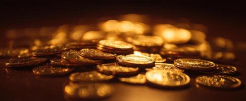 The shimmering gold coins stacked in artistic arrangement across a rich surface. photo