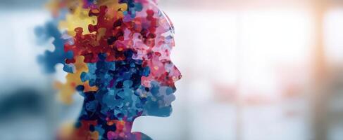 The colorful puzzle silhouette representing creativity and mental exploration. photo