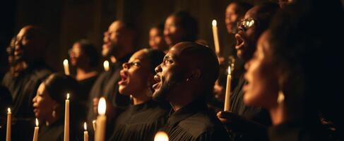 The powerful choir singing in harmony with glowing candles at night. photo
