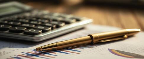 The pen resting on financial documents with a calculator in an office setting. photo