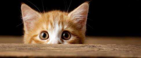 The curious orange kitten peeking over a wooden table's edge. photo