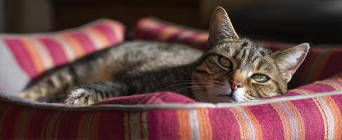 The relaxed cat peacefully lounging in a cozy bed with colorful stripes. photo