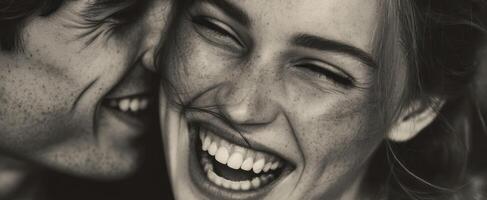The joyful couple sharing a candid moment of laughter and love. photo