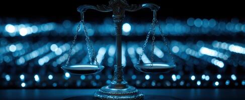 The elegant scales of justice illuminated against a dramatic blue backdrop. photo