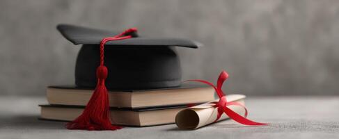 The graduation cap and diploma on top of stacked books symbolizing academic success. photo
