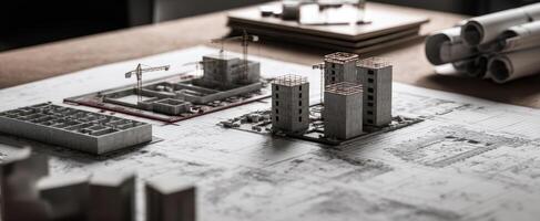 The detailed architectural models on a workspace desk with blueprints and plans. photo