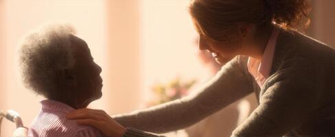 The tender moment between a caregiver and an elderly resident in soft light. photo