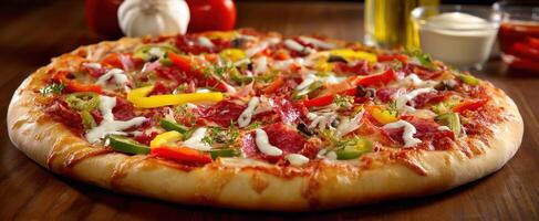 The delicious pizza topped with vegetables and savory ingredients on a wooden table. photo