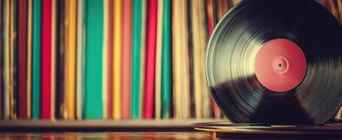 The vintage vinyl record spinning on a turntable with colorful background. photo