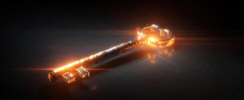 The glowing key resting on a dark reflective surface adding an air of mystery. photo