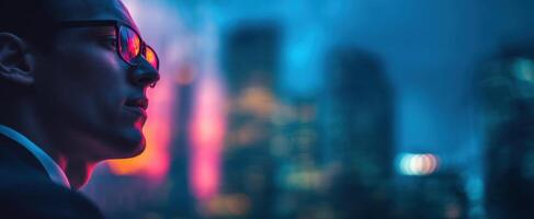 The business professional contemplating the vibrant city skyline at dusk. photo
