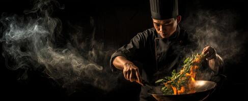 The chef expertly stirs vibrant vegetables over a blazing wok. photo