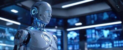 The advanced humanoid robot in a futuristic technology laboratory setting. photo