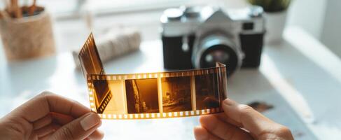 The hands holding a film strip with a vintage camera in the background. photo